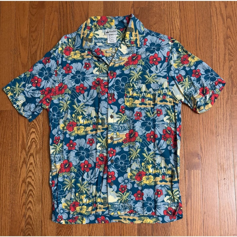 Disney Parks Mickey Mouse Hawaiian Shirt Blue Tropical Floral Surf Mens Small
